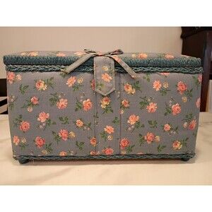 Vintage Floral Sewing Basket w Lid Handle Shabby Chic Pink Blue Green Craft Tote